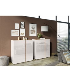 Commode décor chêne et verre blanc cachemire
