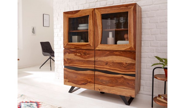 Buffet haut bois massif et métal, 2 portes vitrées