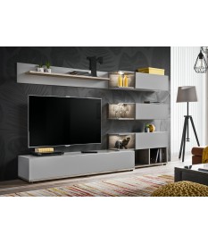 Meuble TV design mural gris clair et bois 240cm