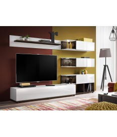 Meuble TV design mural blanc laqué et noyer foncé 240cm