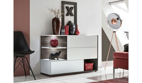Buffet design blanc laqué et noyer foncé 120 cm