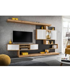 Meuble TV design mural bois et blanc laqué 300 cm
