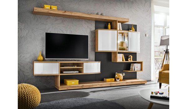 Meuble TV design mural bois et blanc laqué 300 cm