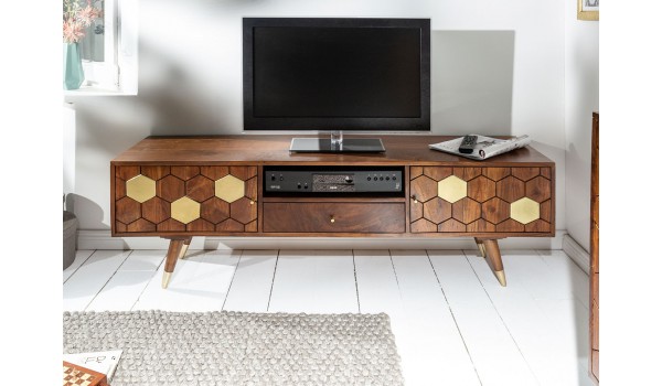 Meuble TV en bois d'acacia brun et déco doré