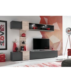 Meuble TV design mural gris et bois avec éclairage Led