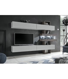 Meuble TV mural design gris clair et bois avec éclairage Led