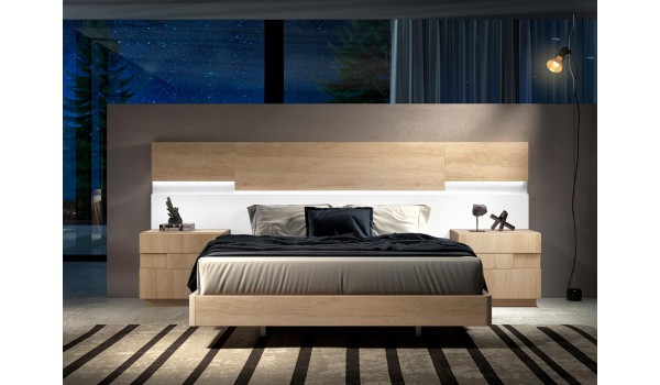 Lit design en bois 160x200 avec chevets & tête de lit à Led
