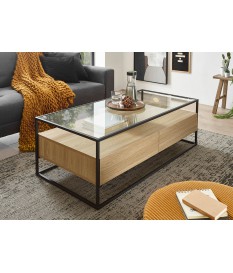 Table basse chêne et verre rectangulaire