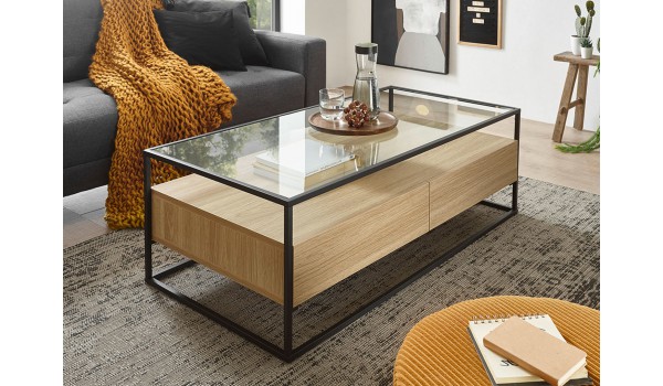 Table basse chêne et verre rectangulaire