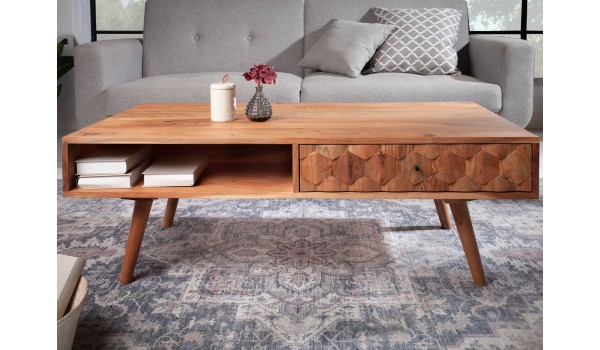Table basse acacia clair rectangulaire / Effet marqueterie 3D