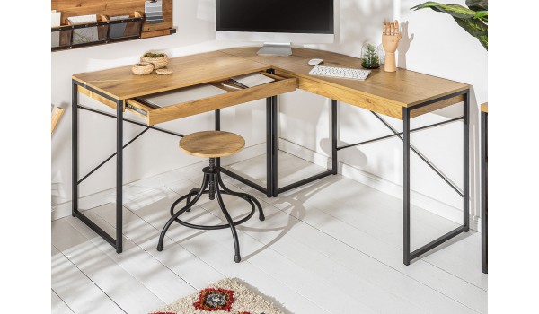 Bureau d'angle bois et métal 2 tiroirs pas cher