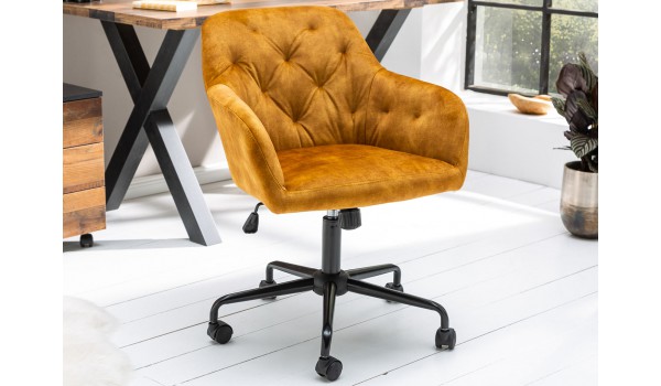 Chaise de bureau velours jaune moutarde matelassée
