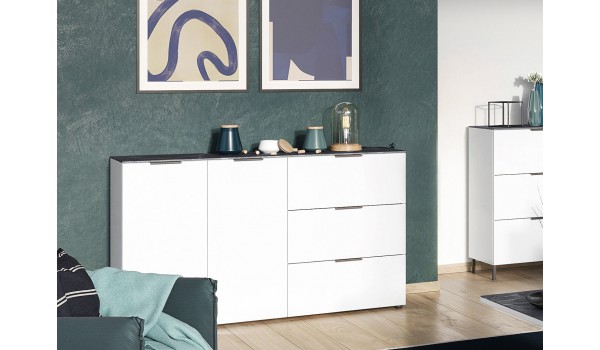 Buffet Blanc - Gris effet marbre 2P 3T