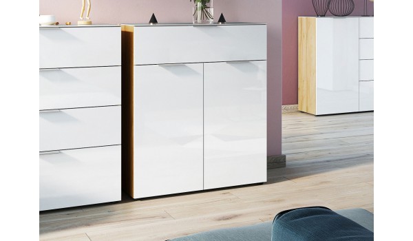 Commode bois - Verre blanc 2P 1T