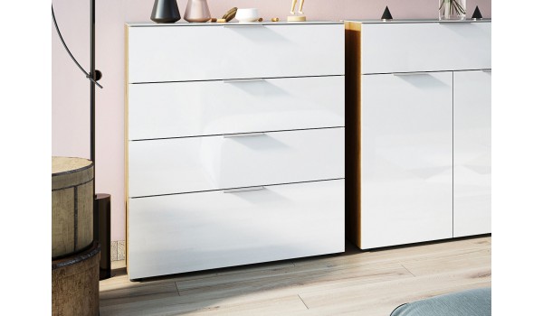 Commode 4 tiroirs bois - Verre blanc