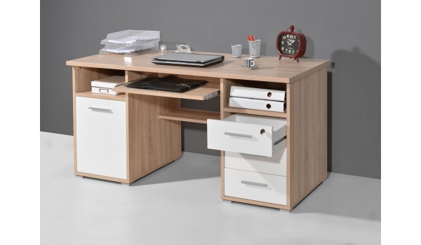 Bureau rangement intégré Chêne blanchi/Blanc