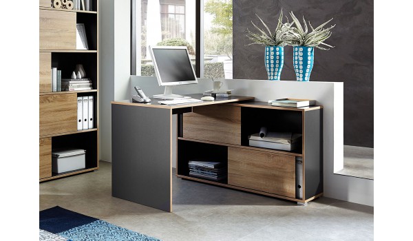 Bureau d'angle bois et anthracite avec rangement intégré