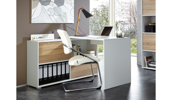 Bureau d'angle blanc et bois rangement intégré
