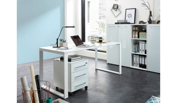 Table de travail bureau blanc verre blanc