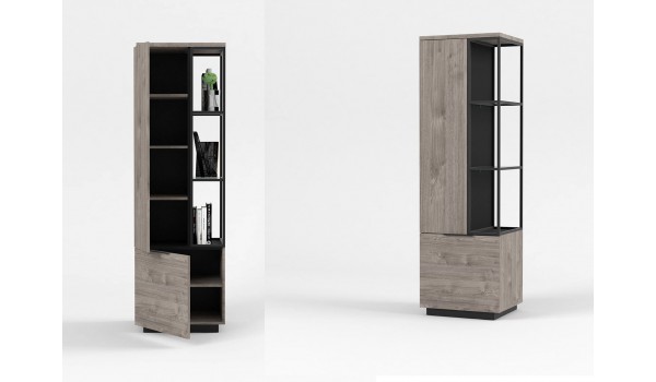 Rangement 2 portes et étagères ouvertes bois grisé et métal noir