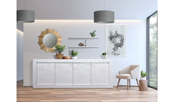 Buffet design 4 portes avec reliefs blanc 220 cm