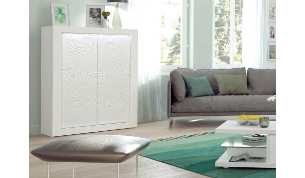 Bahut haut design 2 portes avec reliefs blanc laqué