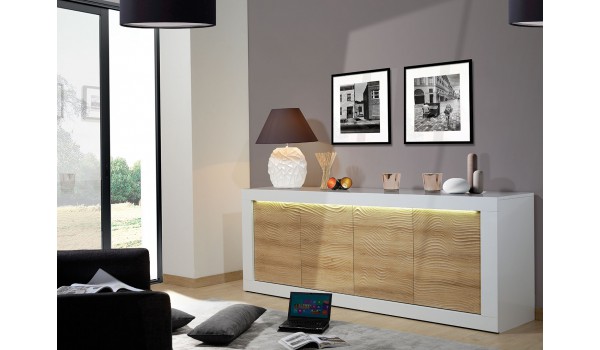 Buffet design blanc et bois avec relief 220 cm