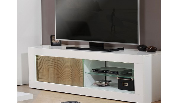 Meuble tv blanc et bois avec relief 3D - 170 cm