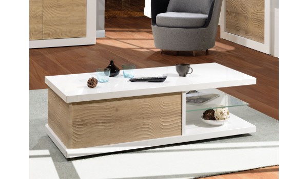 Table basse rectangulaire laqué blanc et bois 120 cm