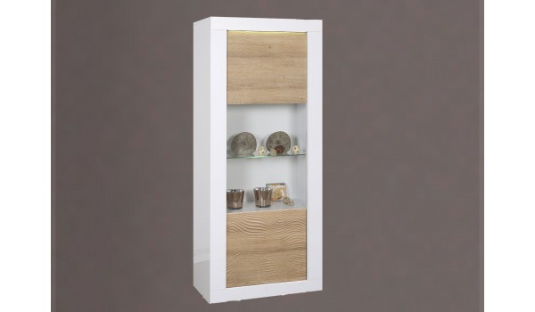 Vitrine design blanche / bois avec reliefs et éclairage led