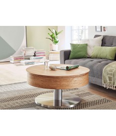 Table basse ronde avec rangement bois et inox
