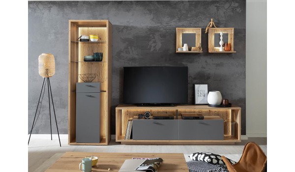 Composition de meuble de salon tv bois et gris laqué