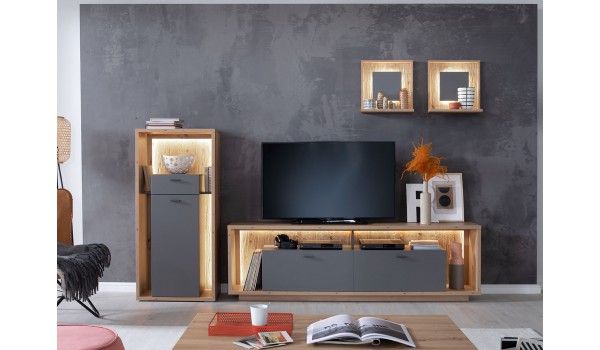 Combinaison de meuble de salon tv bois et gris laqué