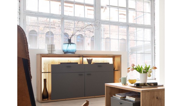 Buffet de salon original - Bois et gris pierre