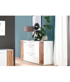 Meuble buffet 2 portes 3 tiroirs blanc et bois
