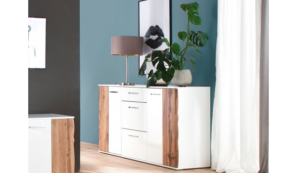 Meuble buffet 2 portes 3 tiroirs blanc et bois