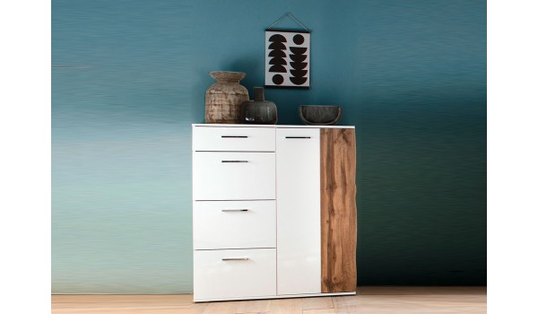 Commode haute 2 portes blanche et bois