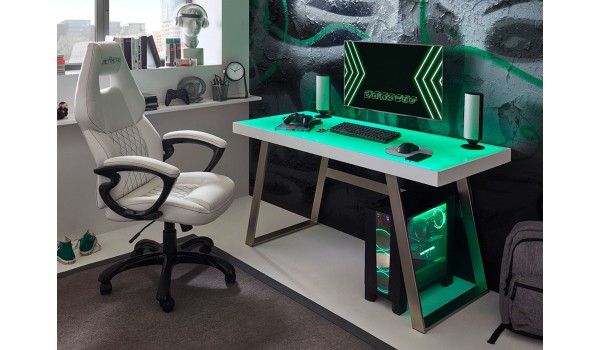 Table de travail blanche / Inox avec éclairage Led et connexion USB