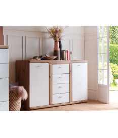 Meuble buffet 2 portes 4 tiroirs blanc et bois