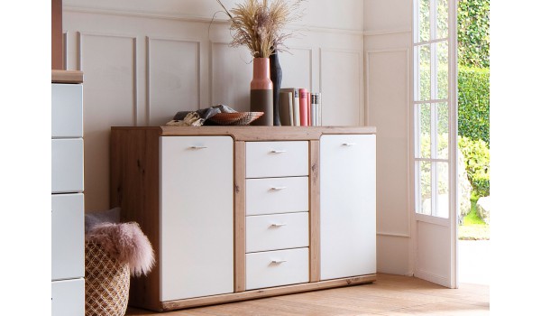 Meuble buffet 2 portes 4 tiroirs blanc et bois