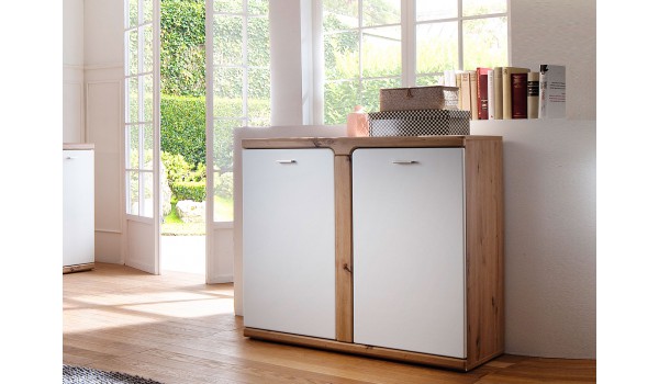 Meuble commode 2 portes blanc et bois