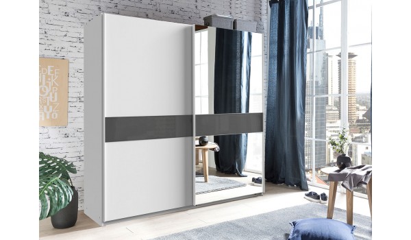 Armoire coulissante 135 ou 180 cm - Blanche / Verre gris / Miroir