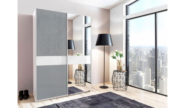 Armoire coulissante 135 ou 180 cm - Gris béton / Verre blanc / Miroir