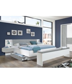 Lit double blanc et gris tête de lit et rangement intégré
