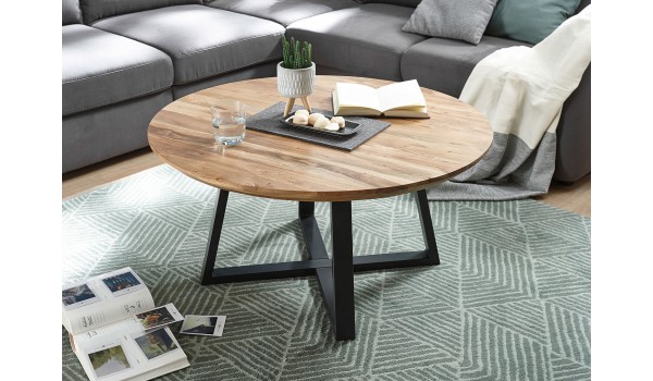 Table basse ronde bois acacia et métal noir