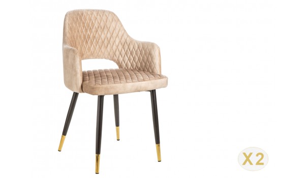 Chaise velours grège avec accoudoir / Pieds noir embouts dorée