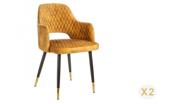 Chaises velours jaune avec accoudoir / Pieds noir embouts dorée