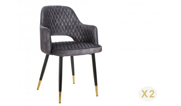 Chaises velours gris avec accoudoir / Pieds noir embouts dorés