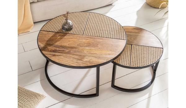 2 Tables basses rondes bois de manguier et osier