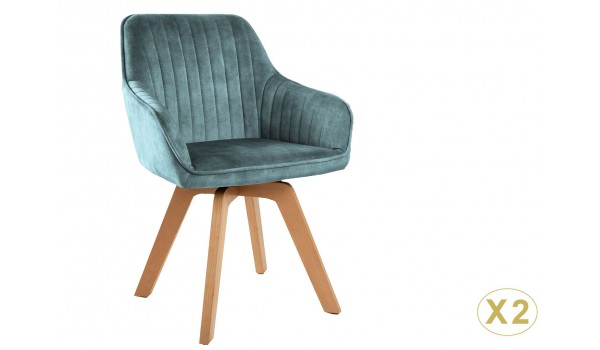 Chaises velours avec accoudoir Bleu lagon / Pieds bois massif
